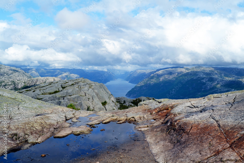 Lysefjord aerial panoramic view from the top of the Preikestolen cliff near Stavanger. Preikestolen or Pulpit Rock is a famous tourist attraction in Norway.