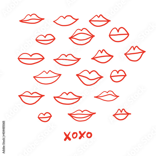 Doodle lips shapes clip-art set Valentines Day kiss drawing Linear woman mouth illustration Romantic red feminine design. Vector illustration