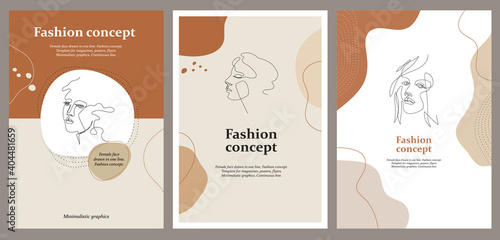 Set of fashion banners. Female face drawn in one line.