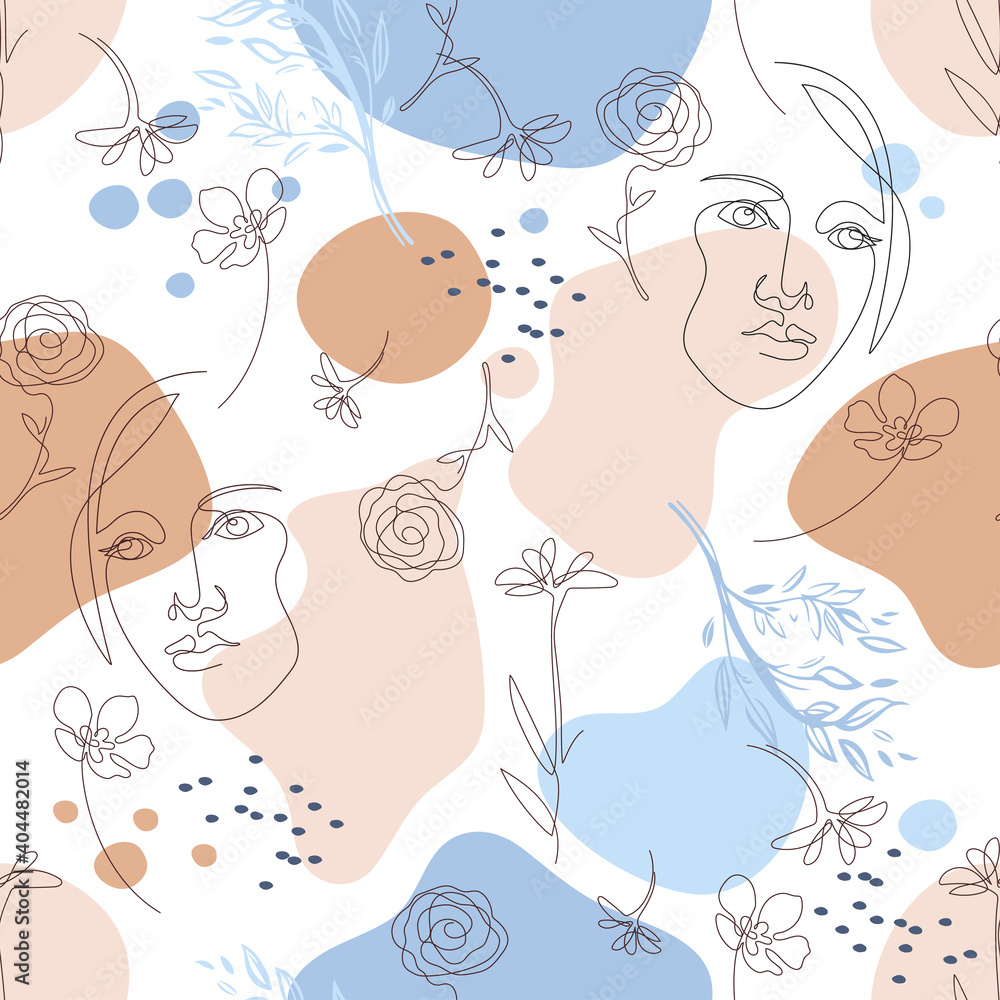 Seamless pattern with female faces. Female face drawn in one line. Seamless pattern with female faces. Female face drawn in one line.