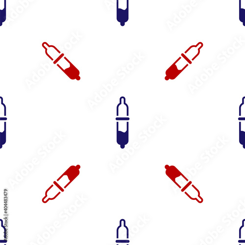 Blue and red Pipette icon isolated seamless pattern on white background. Element of medical, chemistry lab equipment. Pipette with drop. Medicine symbol. Vector.