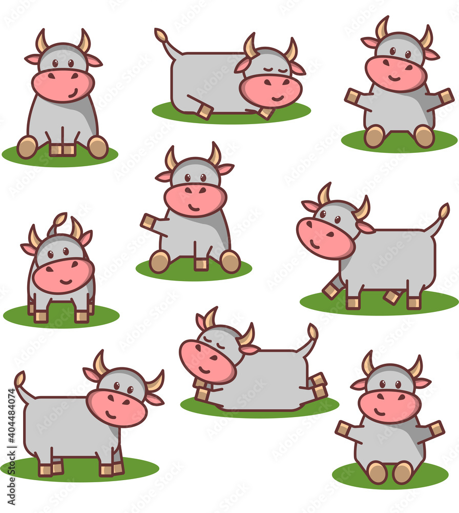 Set funny grey bull, cow isolated, cute animal farm character in various poses in cartoon style, vector illustration for dairy products design