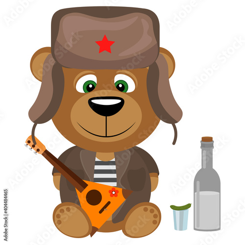 Funny bear in a hat with earflaps with a balalaika. Vector illustration on a white isolated background.