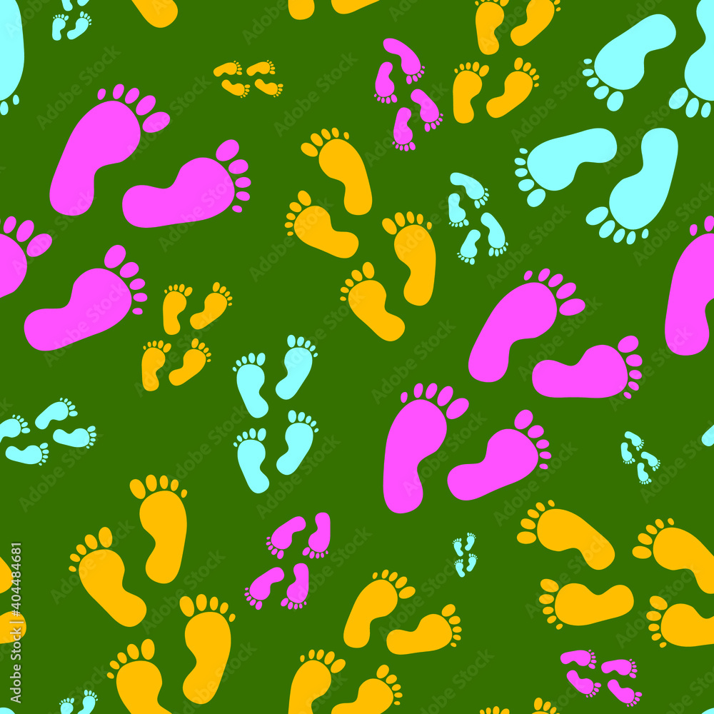 Multicolored human footprints on a green background, abstract texture for design, seamless pattern, vector illustration