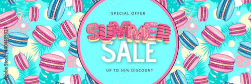 Colorful summer big sale poster with sweet macaron cakes. Summertime background. French macaroons. Junk food background. Typography design