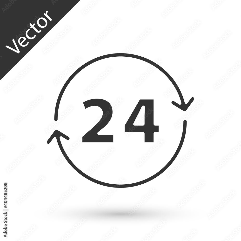 Grey Clock 24 hours icon isolated on white background. All day cyclic icon. 24 hours service symbol. Vector. Grey Clock 24 hours icon isolated on white background. All day cyclic icon. 24 hours service symbol. Vector.
