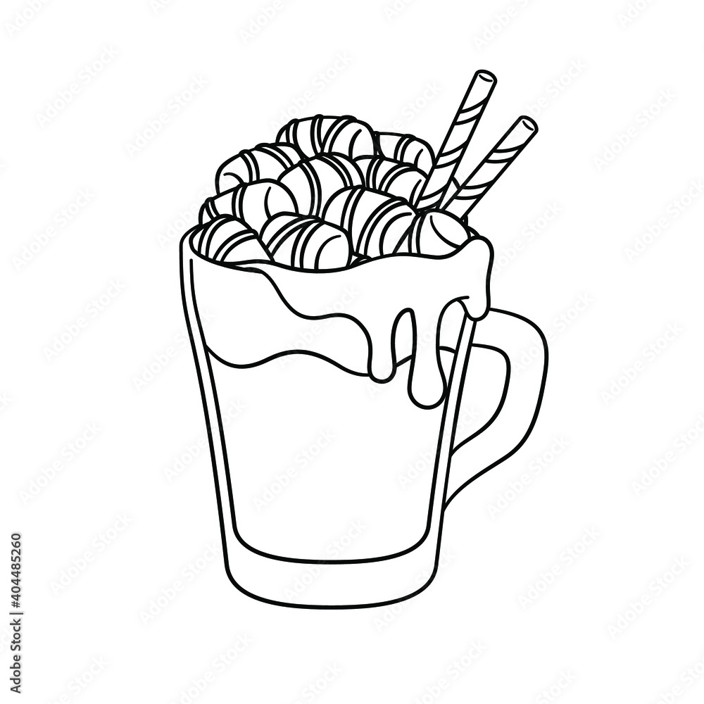 Φωτογραφία Hot chocolate drink with marshmallows, melted choco syrup and straws in tall glass mug outline line art template