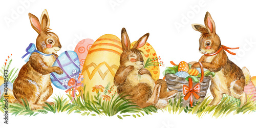 Canvas Print Seamless watercolor border with cute easter rabbits