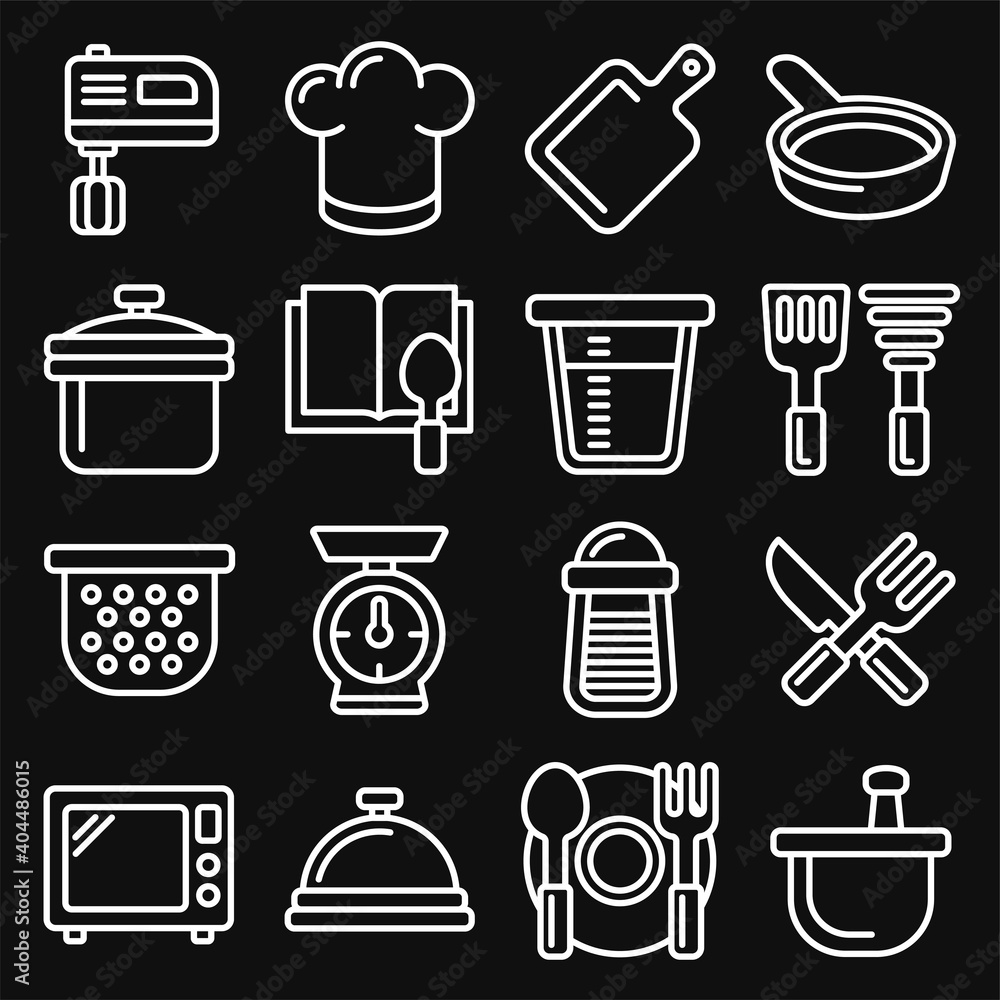 Kitchen and Cooking Icons Set on Black Background. Line Style Vector Kitchen and Cooking Icons Set on Black Background. Line Style Vector