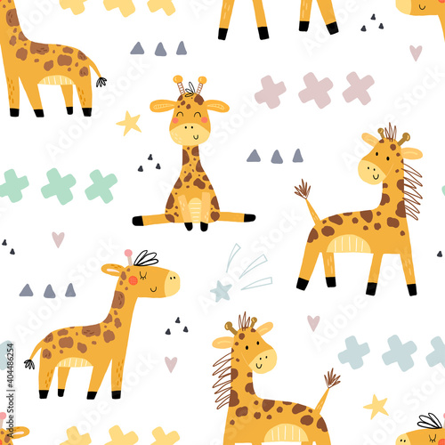 Cute giraffe Pattern print for kids. Funny cute scandinavian giraffe cartoon style. Printable templates. vector print. Perfect for kids apparel, poster, baby shower card. Vector illustration