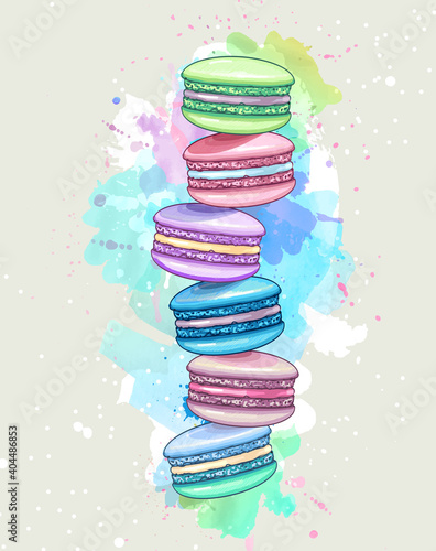 Colorful sweet macarons cakes on artistic watercolor background. French macaroons. Junk food background