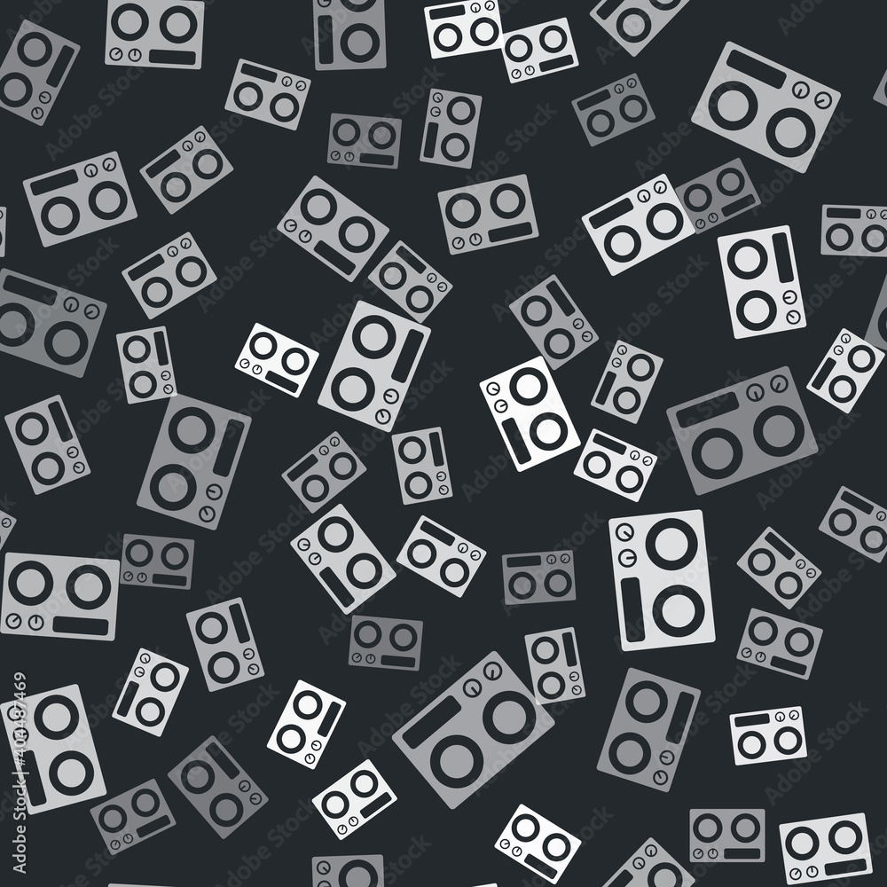 Grey Gas stove icon isolated seamless pattern on black background. Cooktop sign. Hob with four circle burners. Vector. Grey Gas stove icon isolated seamless pattern on black background. Cooktop sign. Hob with four circle burners. Vector.