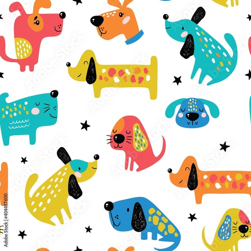 Photography Childish seamless pattern with funny dogs