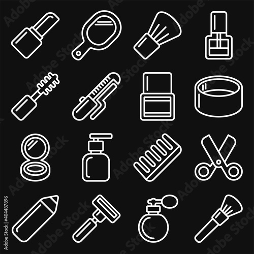 Beauty and Cosmetic Icons Set on Black Background. Line Style Vector