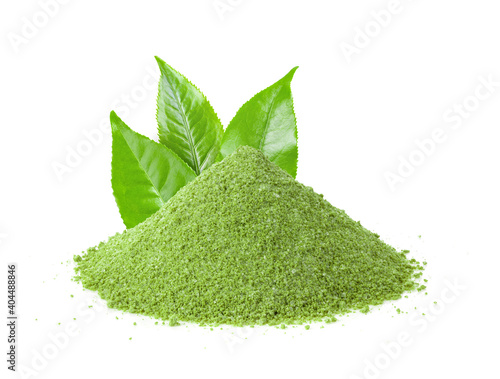 Instant green tea powder on white background
