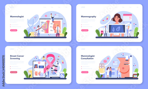 Mammologist web banner or landing page set. Consultation with doctor
