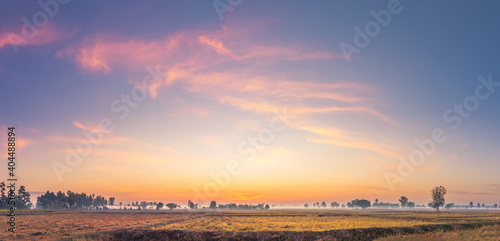 Rural landscape the fields at sunrise morning fog and beautiful sky