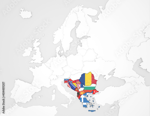 3D Europakarte auf der die Staaten der Balkanhalbinsel hervorgehoben werden photo