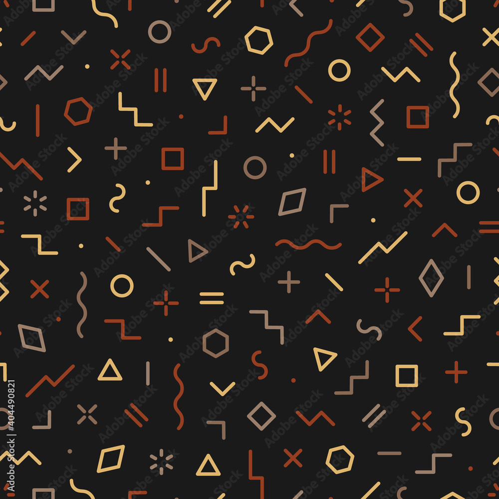 Naklejka Memphis seamless pattern. Abstract geometric background. Pattern for every day design. Modern hipster elements. Graphic shapes circle, line, square and triangle. Fashion element ethnic shape. Vector