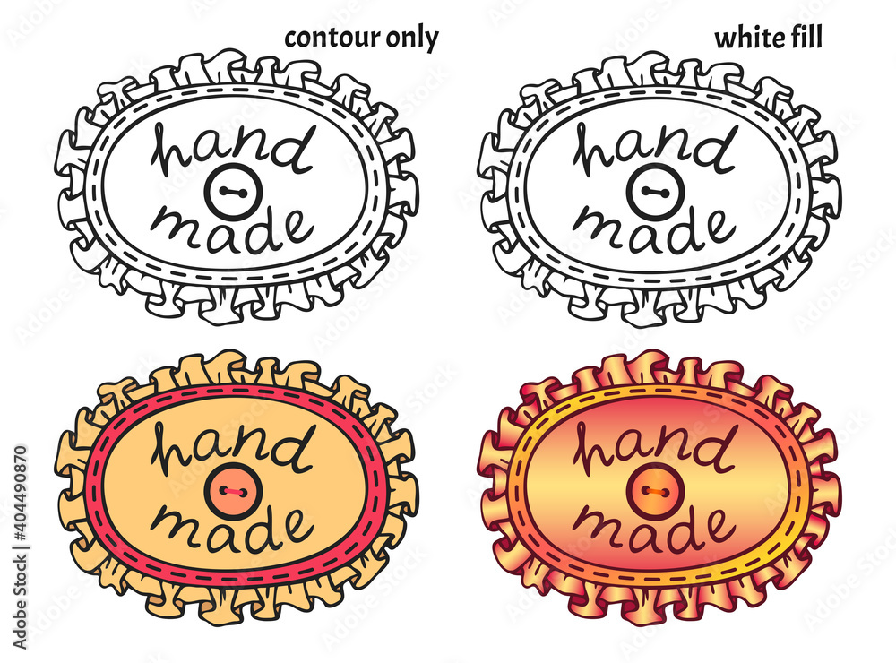 Set of hand drawn oval textile patches with frills, seam, button and handwritten inscription 