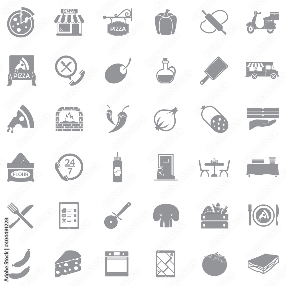 Pizza Icons. Gray Flat Design. Vector Illustration. Pizza Icons. Gray Flat Design. Vector Illustration.