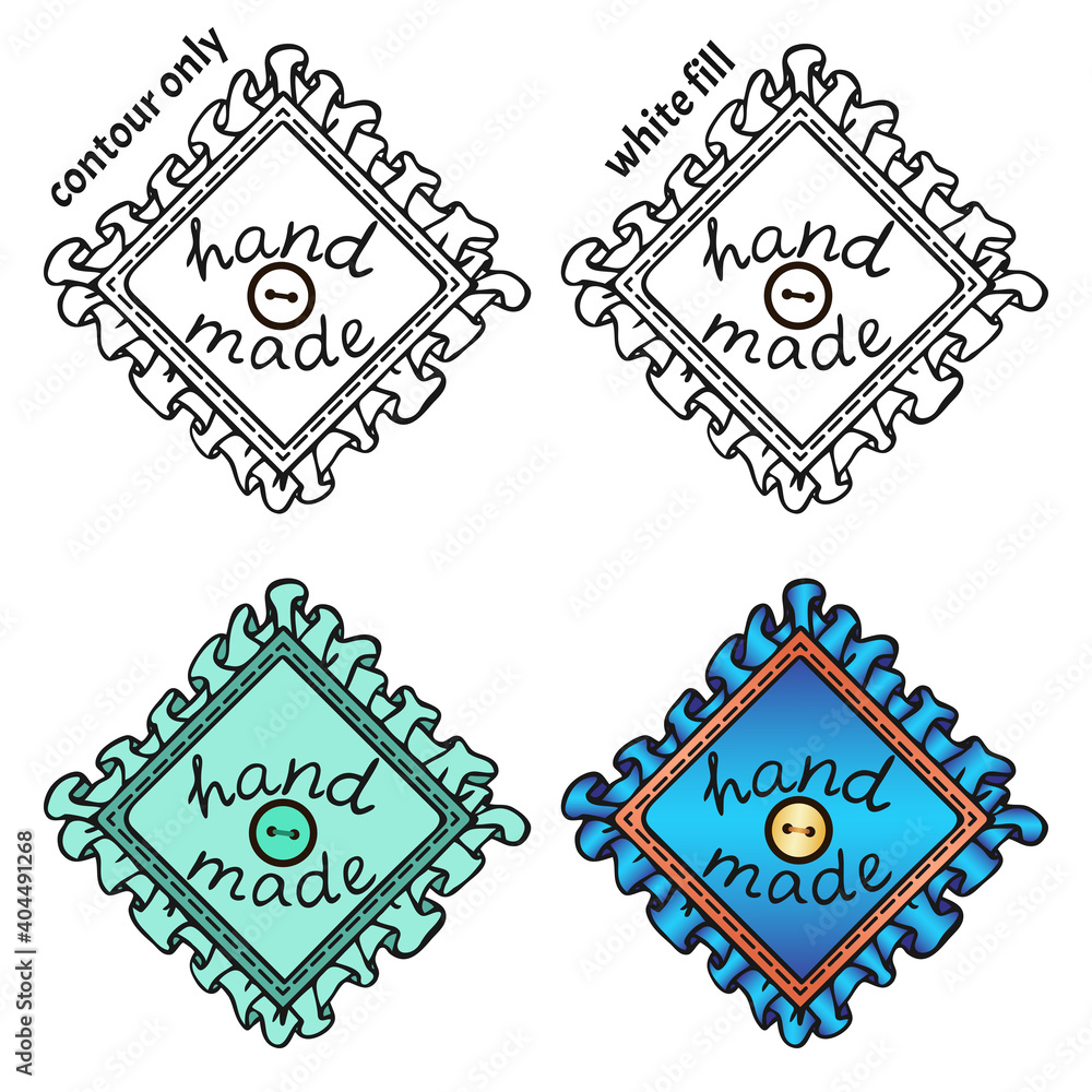 Set of hand drawn textile patches with seam, button and handwritten inscription Set of hand drawn textile patches with seam, button and handwritten inscription