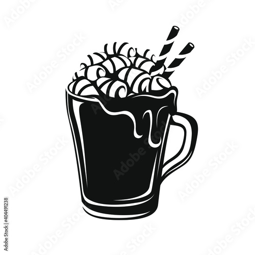 Hot chocolate drink with marshmallows  melted choco syrup and straws in tall glass mug silhouette. Detailed flat clip art for christmas  cafe shops  menu designs  etc.