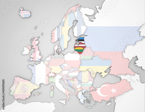 3D Europakarte auf der die Staaten des Baltikums hervorgehoben werden und die restlichen Flaggen transparent sind