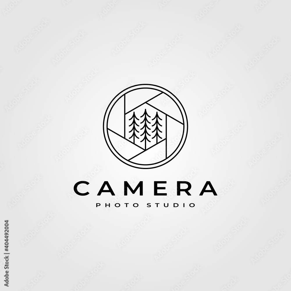 line art camera lens logo with pines symbol vector minimalist illustration design line art camera lens logo with pines symbol vector minimalist illustration design
