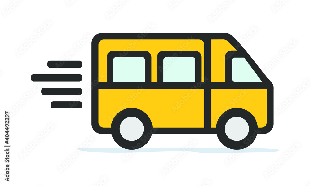 Cute yellow school bus in motion - moving bus transportation clipart icon