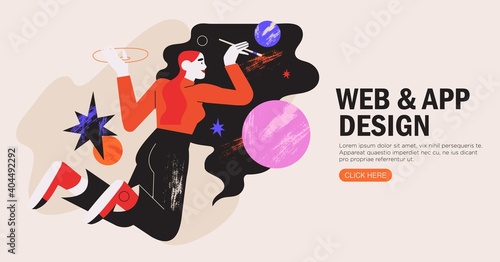 Woman illustrator working in vector graphics editor or design program. Freelance designer draw space or abstract shapes with brush. Creative process of making website, ui, mobile application. design.