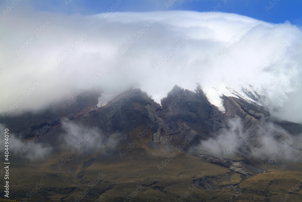 Cotopaxi volcano with the fog on the top, Ecuador