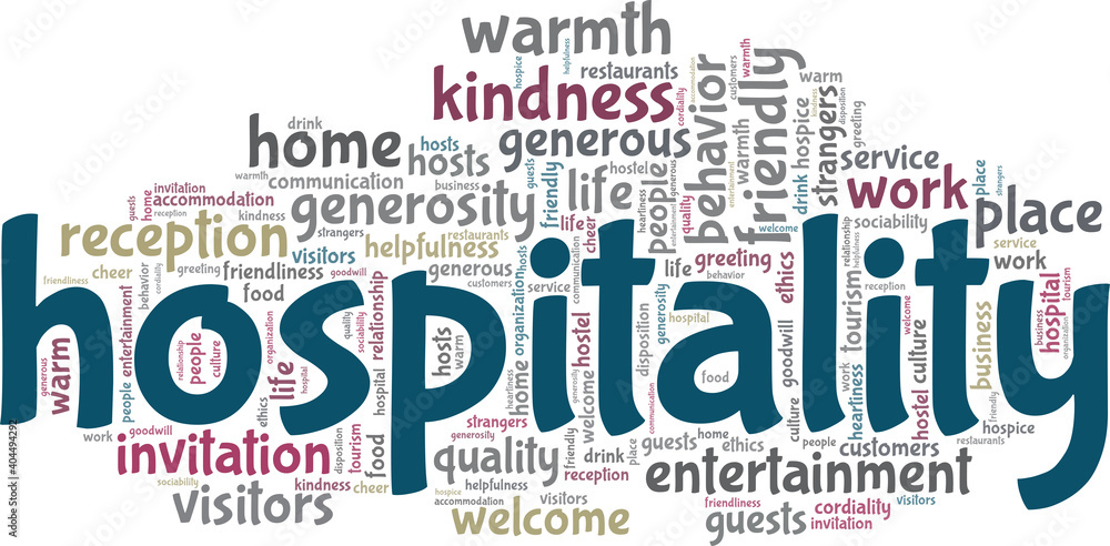 Fototapeta premium Hospitality vector illustration word cloud isolated on a white background.