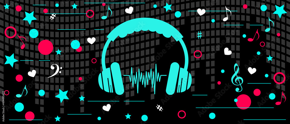 Party. Abstract background vector illustration. TikTok service, Tiktok  background, TikTok social media. Headphones and music, notes, hearts. Tiktok  party design Stock Vector | Adobe Stock