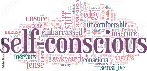 Self-conscious vector illustration word cloud isolated on a white background.	
