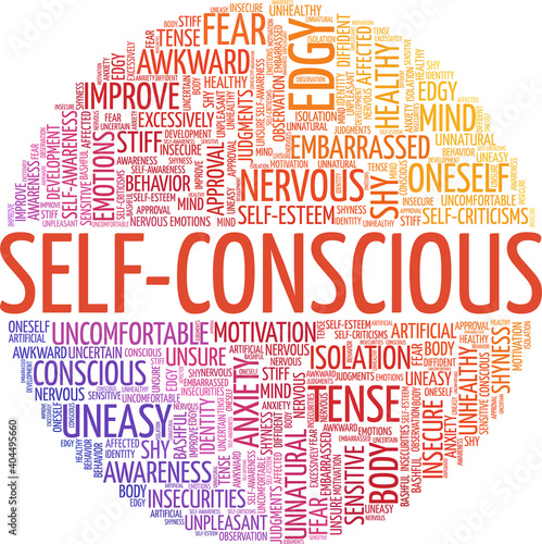 Self-conscious vector illustration word cloud isolated on a white background.	