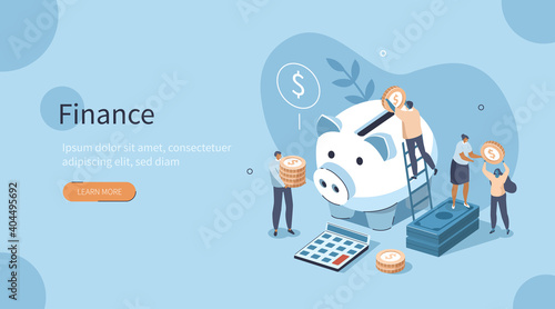 Characters Collecting Gold Coins and Banknotes in Piggy Bank. People Managing Budget and making Savings. Saving Money and Economy Concept. Flat Isometric Vector Illustration.
