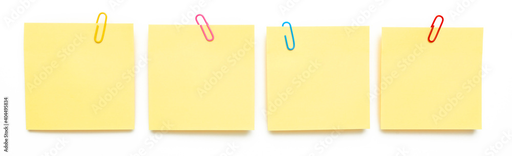 Paper yellow message stickers for information board isolated on white background. Schedule or notice template (mockup) sticky note. - obrazy, fototapety, plakaty 
