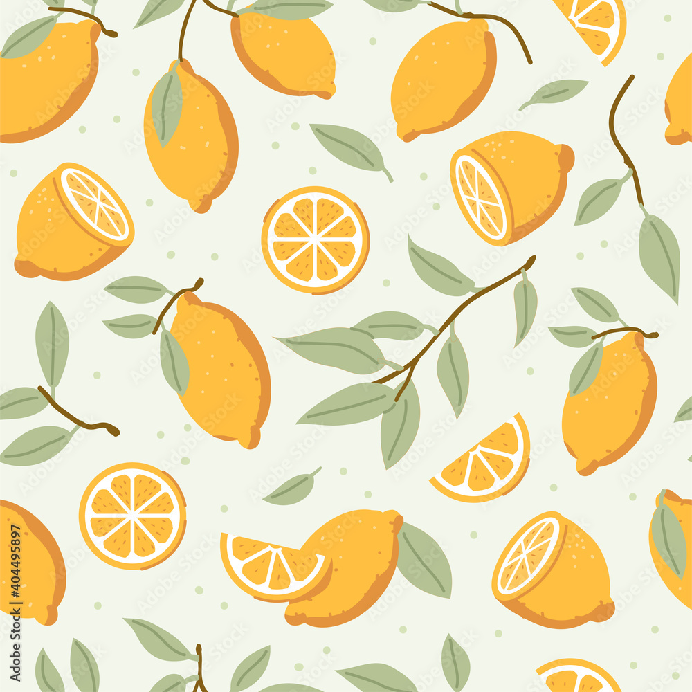 
Fresh Lemons Seamless Pattern Design. Hand Drawn Colorful Background with Citrus Fruits and Leaves. Flat Cartoon Vector Illustration.