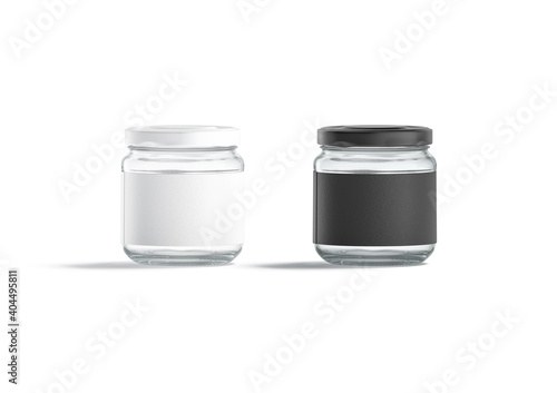 Blank small glass jar with black and white label mockup photo