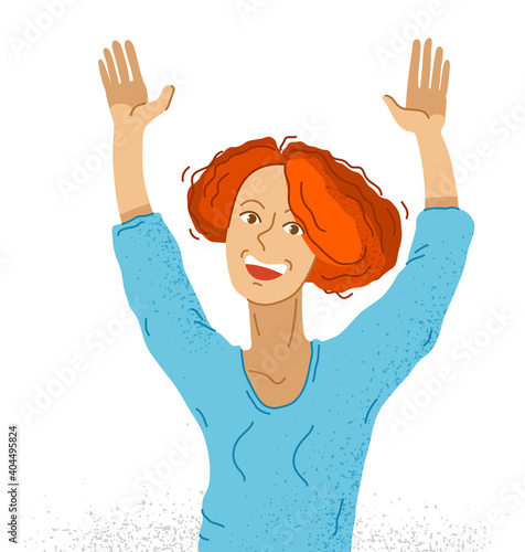 Young adorable happy woman raised hands up hello I am here vector illustration isolated, smiling girl shows gesture to attract an attention.