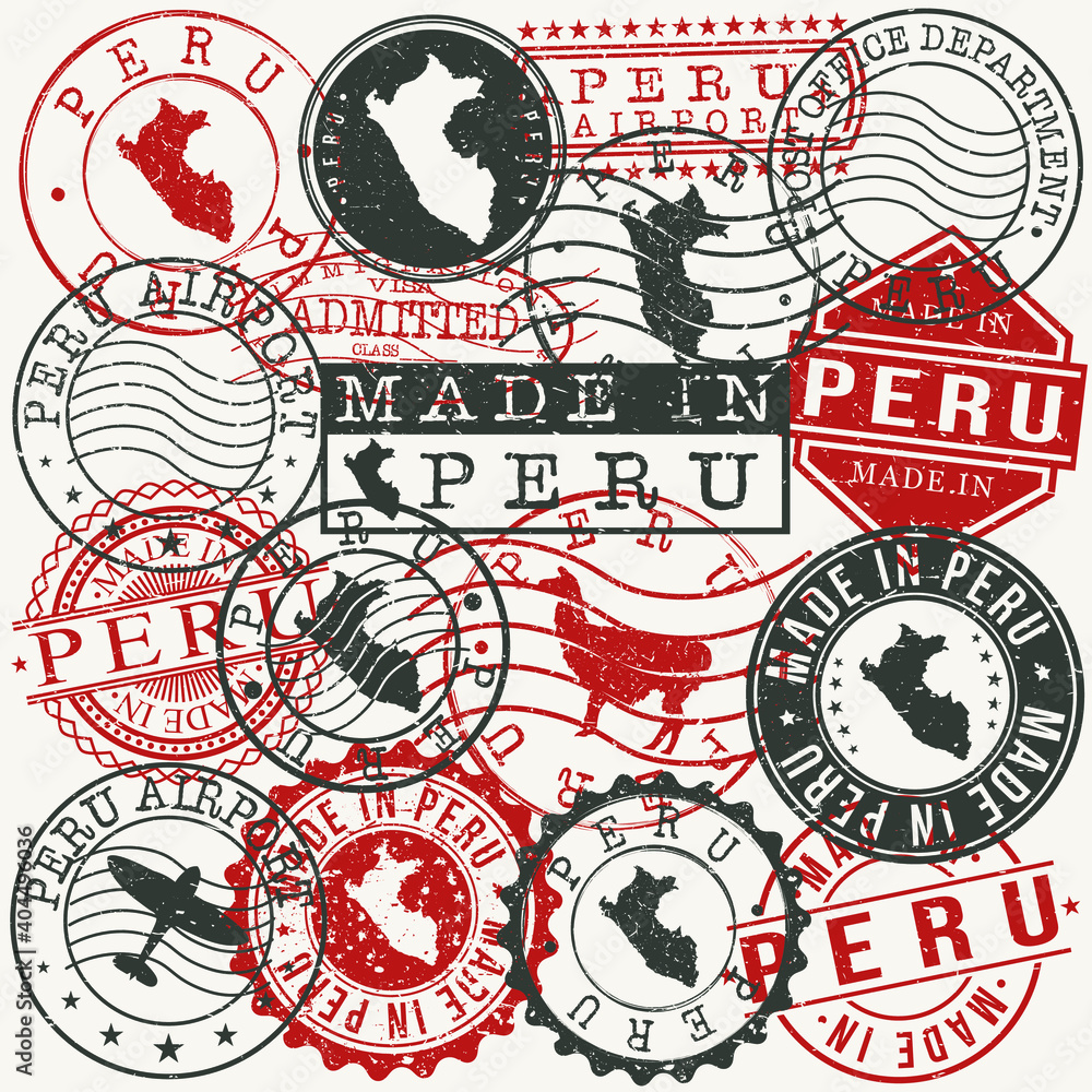 Peru Set of Stamps. Travel Passport Stamps. Made In Product. Design Seals in Old Style Insignia. Icon Clip Art Vector Collection.