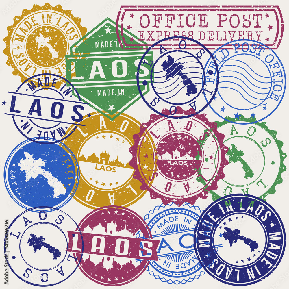 Naklejka premium Laos Set of Stamps. Travel Stamp. Made In Product. Design Seals Old Style Insignia Badge Vector.