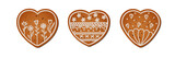 A set of realistic gingerbread cookies in the shape of a heart. Flavorful pastries with white icing. Isolated vector objects on a white background. For Wedding design, Valentine's Day, Mother's Day.