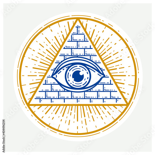 All seeing eye of god in sacred geometry triangle, masonry and illuminati symbol, vector logo or emblem design element.