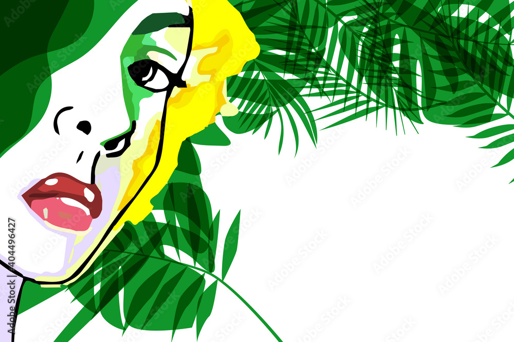 Sketch of a fashionable girl . A simple hand-drawn line with tropical plants and watercolor splashes . Print for clothing, textiles and packaging, interior design. Vector illustration. EPS10 Sketch of a fashionable girl . A simple hand-drawn line with tropical plants and watercolor splashes . Print for clothing, textiles and packaging, interior design. Vector illustration. EPS10