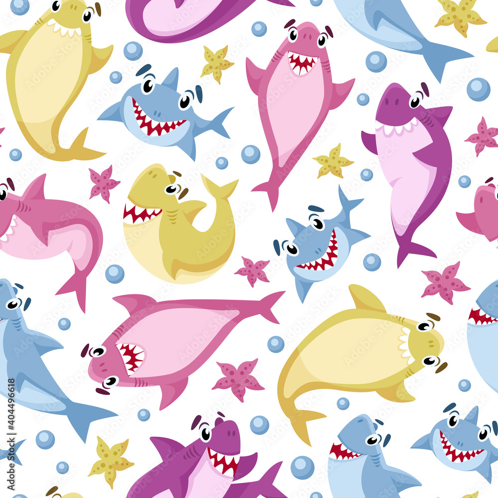 Fototapeta premium Baby Shark birthday seamless pattern - cartoon nautical seamless digital paper, vector nursery cute marine or undersea animal background for kids textile, scrapbooking, wrapping paper