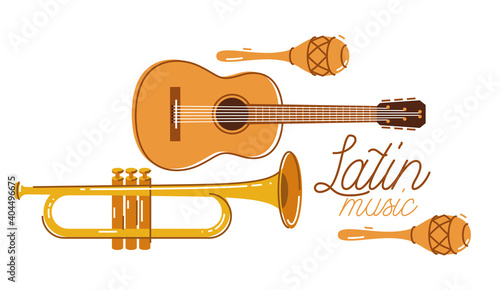 Latin music emblem or logo vector flat style illustration isolated, acoustic guitar logotype for recording label or studio or musical band.