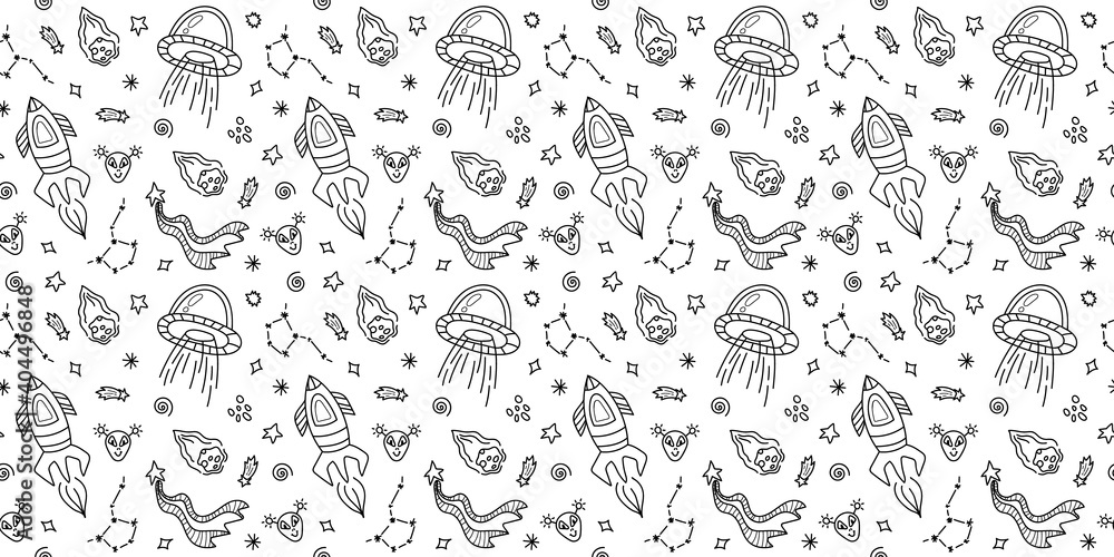 Space black and white doodle seamless pattern - hand drawn line digital paper with space, stars, spaceship, ufo and rocket, cute kids seamless background for textile, scrapbooking, wrapping paper Space black and white doodle seamless pattern - hand drawn line digital paper with space, stars, spaceship, ufo and rocket, cute kids seamless background for textile, scrapbooking, wrapping paper