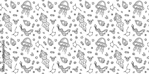 Space black and white doodle seamless pattern - hand drawn line digital paper with space  stars  spaceship  ufo and rocket  cute kids seamless background for textile  scrapbooking  wrapping paper